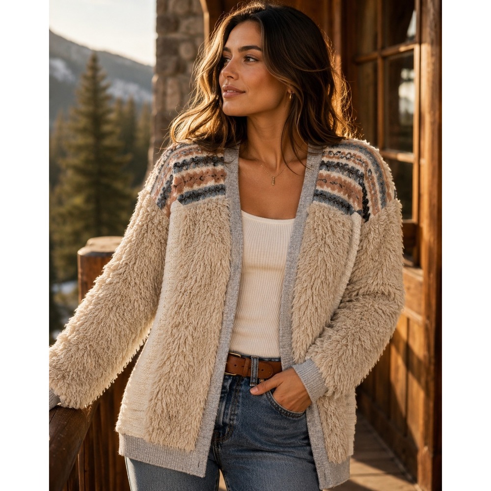 Anthropologie AMADI Chaparral Faux Fur Open Cardigan Southwestern Cozy S